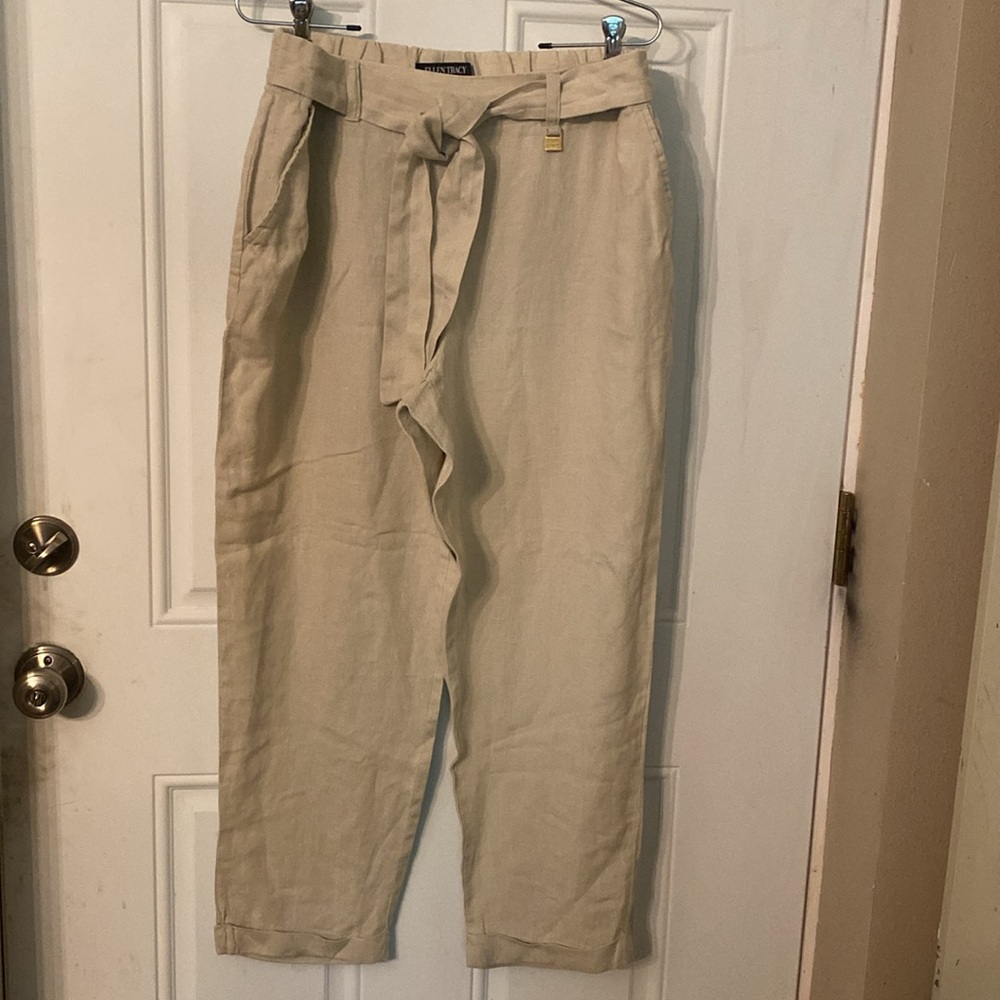 Ellen Tracy 100% Linen Tie Front Elasticized Waist Pants